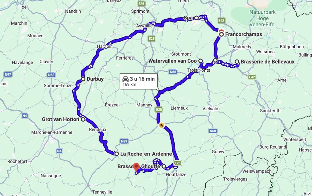 Google Maps kaart met de route voor een roadtrip door de Ardennen