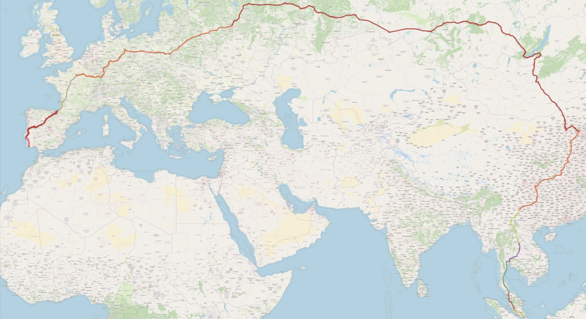De route van de langste treinreis ter wereld
