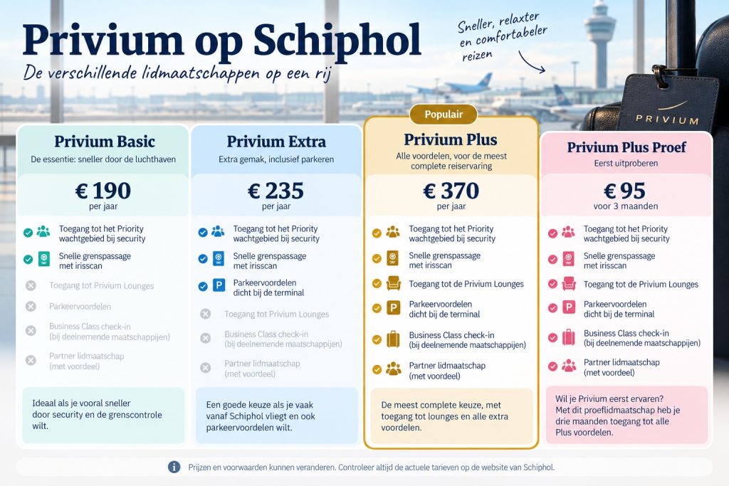Overzicht van de kosten en voordelen van Privium lidmaatschappen op Schiphol