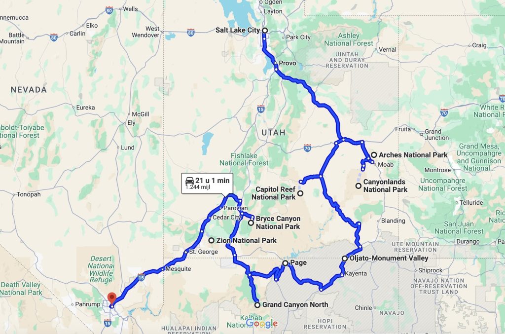Route voor een roadtrip door Utah, Amerika