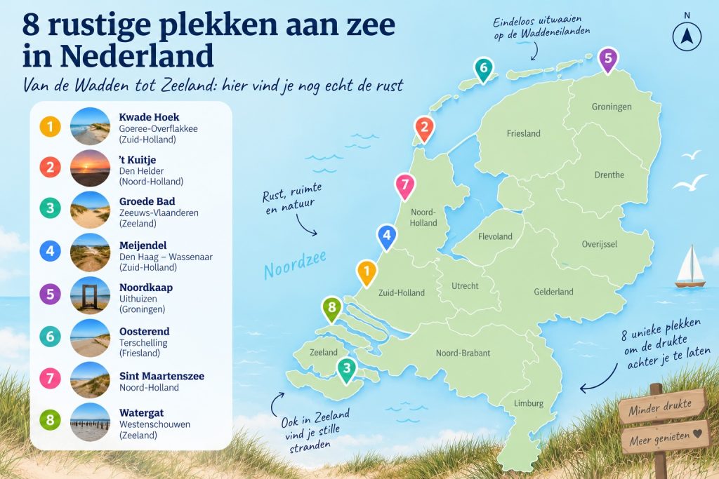 Kaart met 8 rustige plekken aan zee in Nederland
