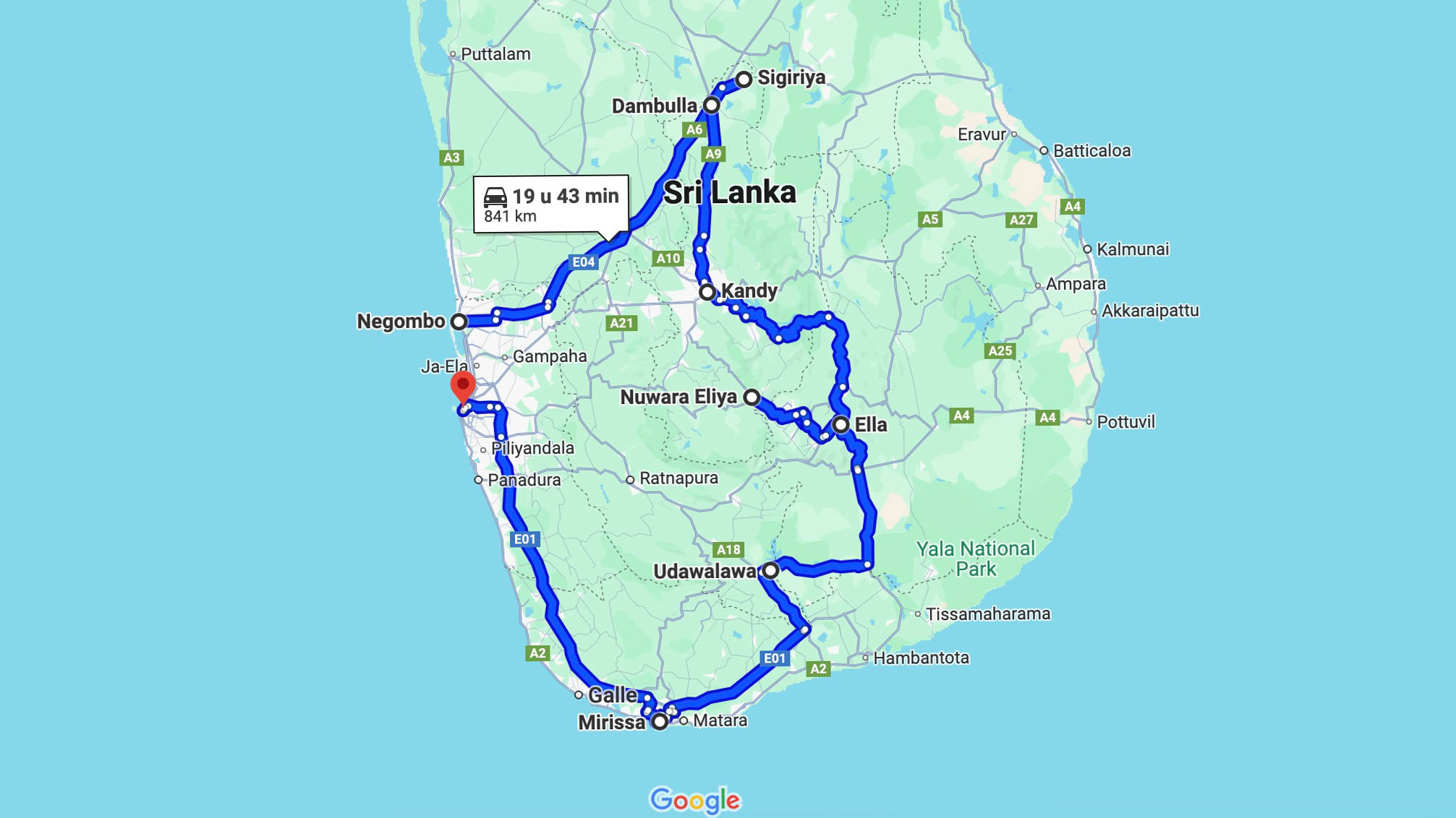 Route voor een rondreis door Sri Lanka