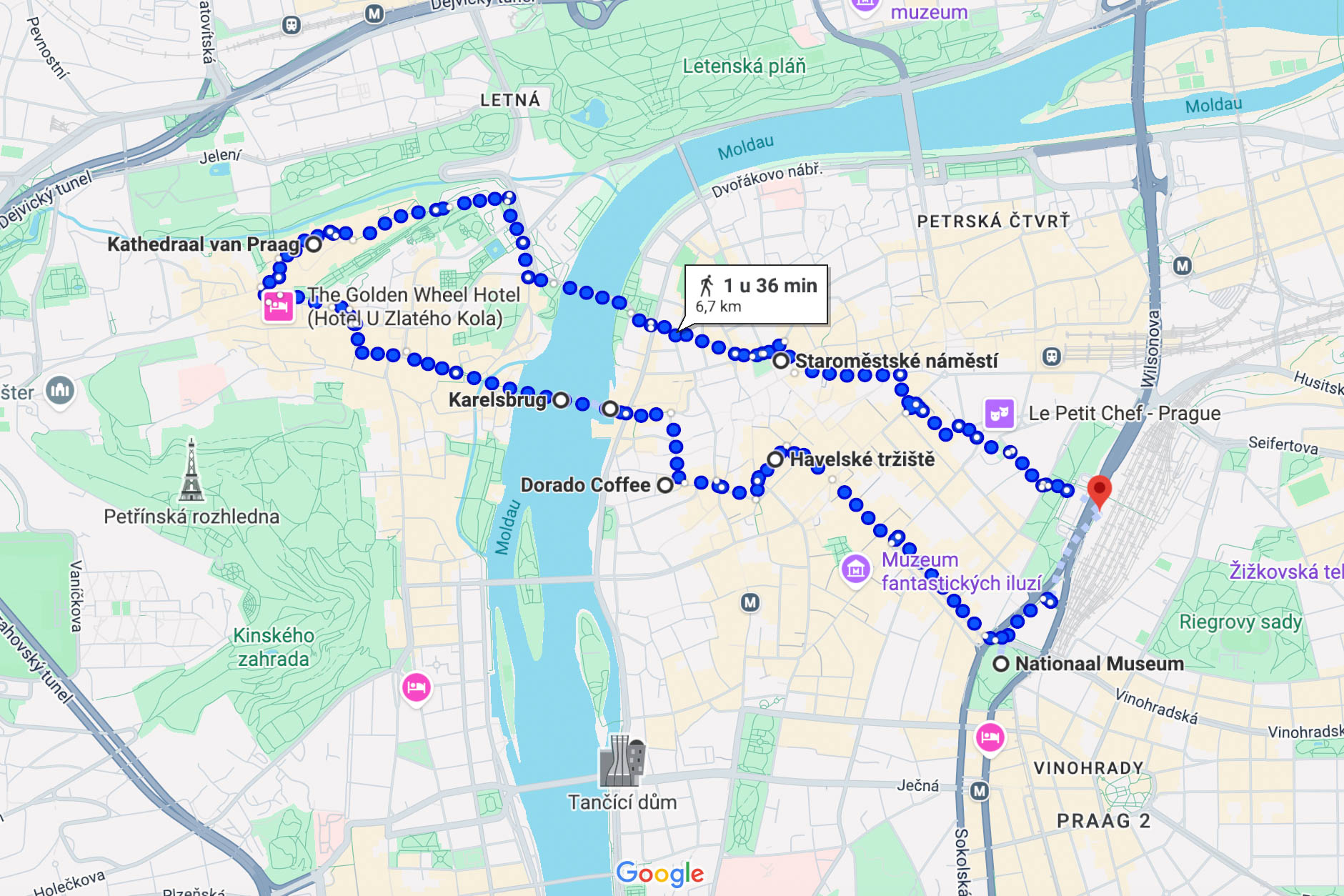 Route voor een stadswandeling langs alle bezienswaardigheden in Praag