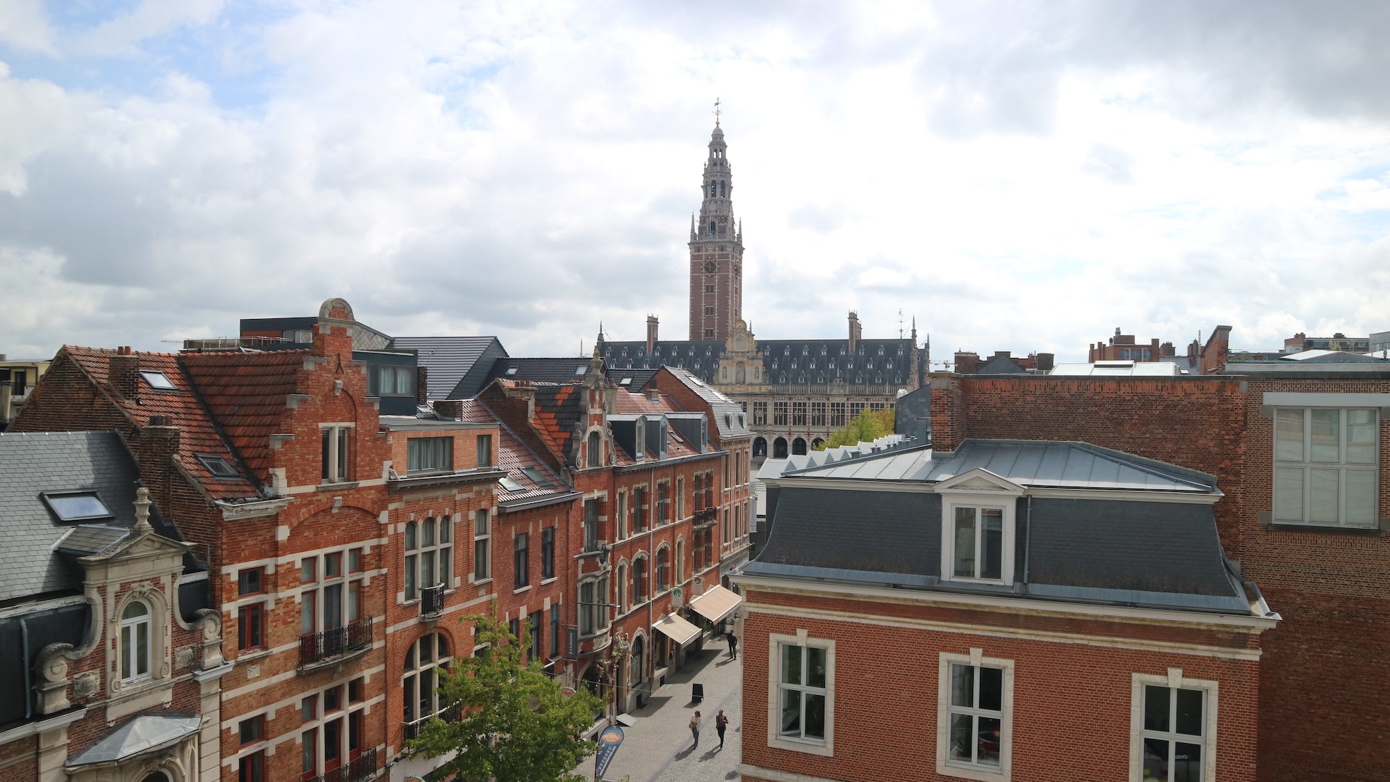 Het uitzicht vanaf het dakterras van M Leuven, met in de verte de toren van de Universiteitsbibliotheek.
