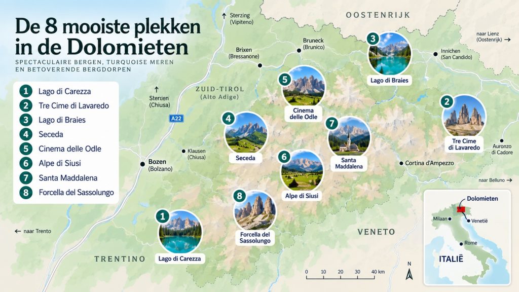 Kaart met de acht mooiste plekken in de Dolomieten gemarkeerd