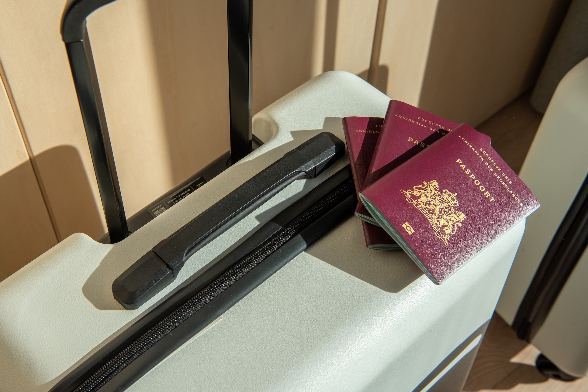 Koffer met paspoorten erop