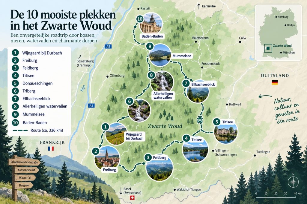 Kaart met een route langs de mooiste plekken in het Zwarte woud