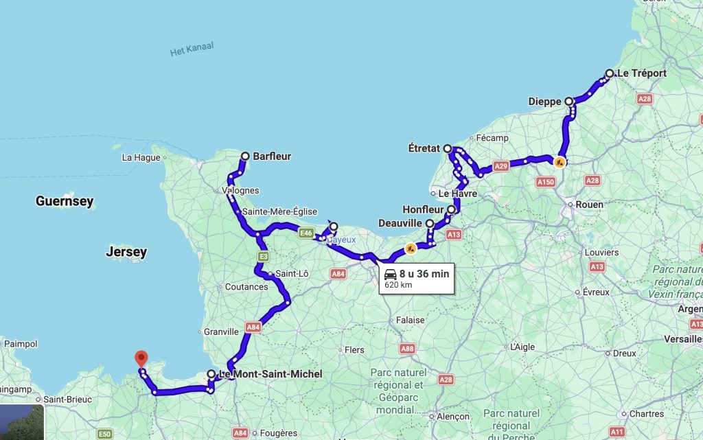 Routekaart voor een roadtrip door Normandië