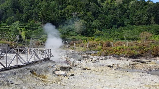 De vulkanische omgeving van het Lagoa das Furnas