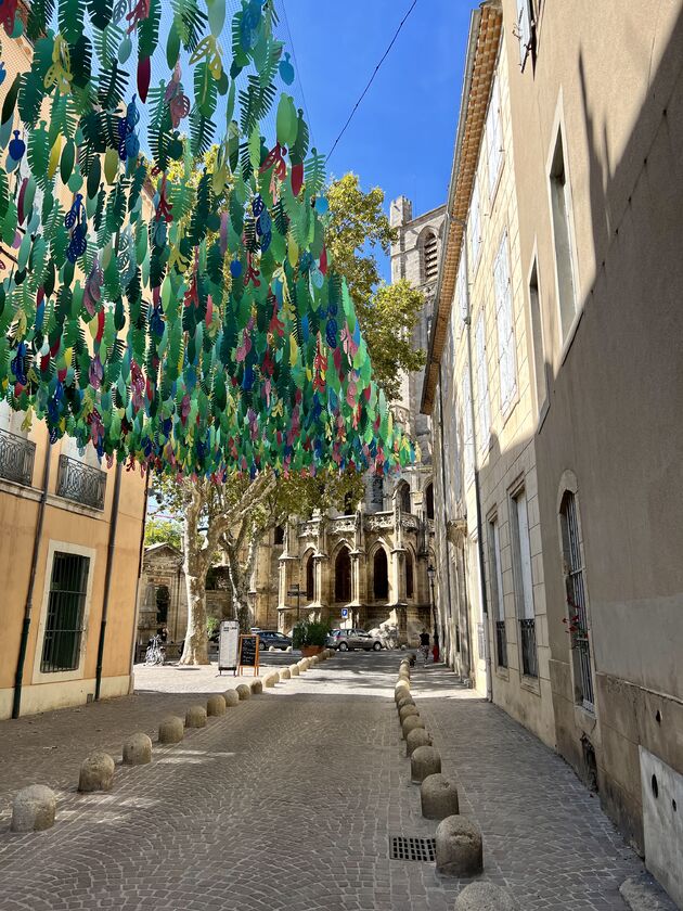 Als je aan komt lopen via dit kleurrijke straatje zie je de Kathedraal Saint-Nazaire al liggen