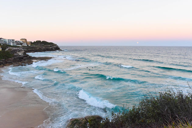 Surfers op Bronte Beach bij zonsondergang