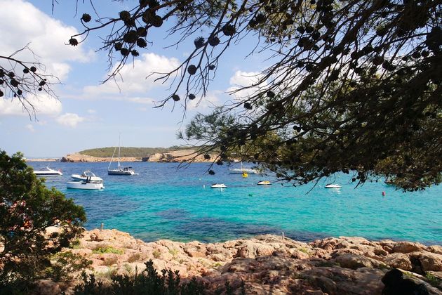 Cala Bassa wordt omgeven door rotsen en bomen