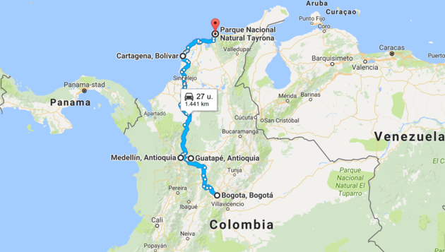 De route van mijn rondreis door Colombia