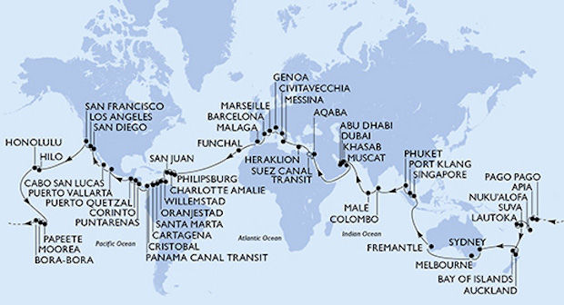 Het reisschema van deze wereldreis-cruise