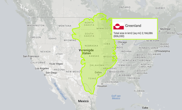 Groenland lijkt gigantisch; totdat je het land verplaatst naar de Verenigde Staten