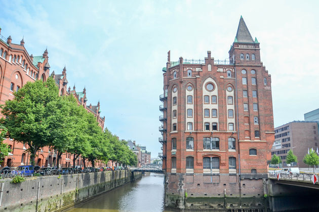 Een van de mooiste uitzichten in de wijk Speicherstadt