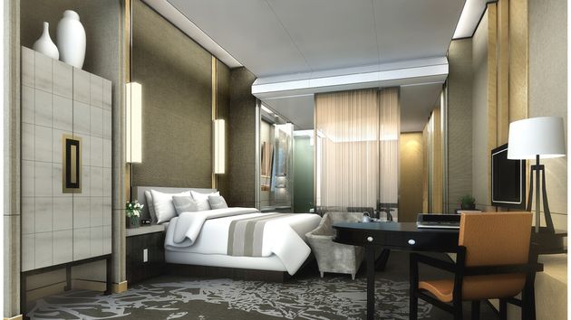 Een van de hotelkamers in het luxe Kempinski hotel in China