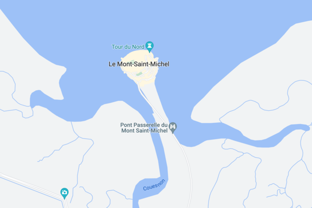 Op de kaart zie je goed hoe uniek de ligging van Mont Saint-Michel is