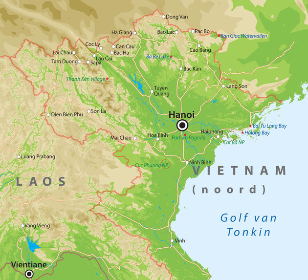 De kaart van Noord-Vietnam met buurlanden Laos en China