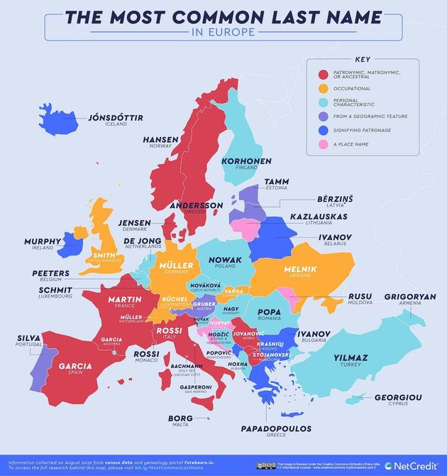 De meest voorkomende achternamen in alle landen in Europa \u00a9 NetCredit