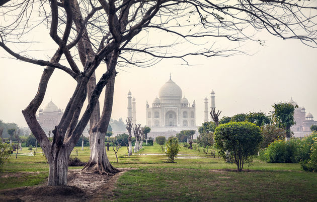 In de tuinen van Mehtab Bagh is het veel rustiger en heb je prachtig uitzicht op de Taj Mahal