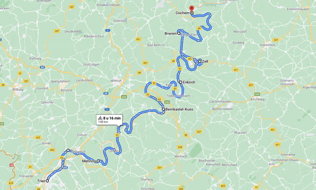 De Mosel Radweg, het 145 km lange traject van Trier naar Cochem