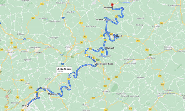 De Mosel Radweg, het 145 km lange traject van Trier naar Cochem
