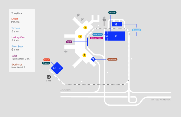 Plattegrond parkeren op Schiphol