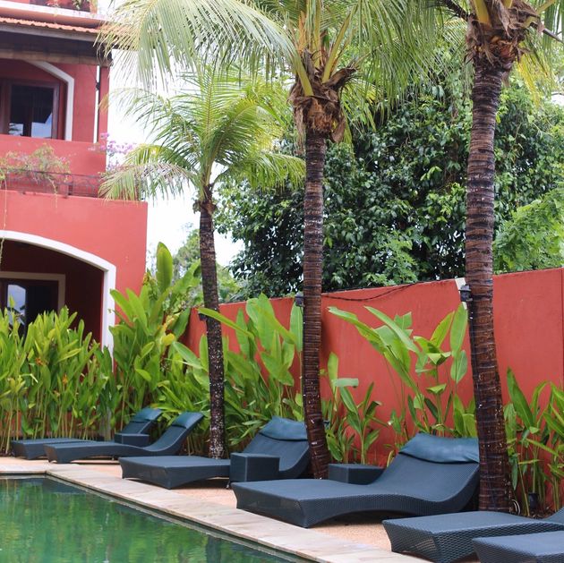 Het grote zwembad, gelegen onder de hoge palmen.