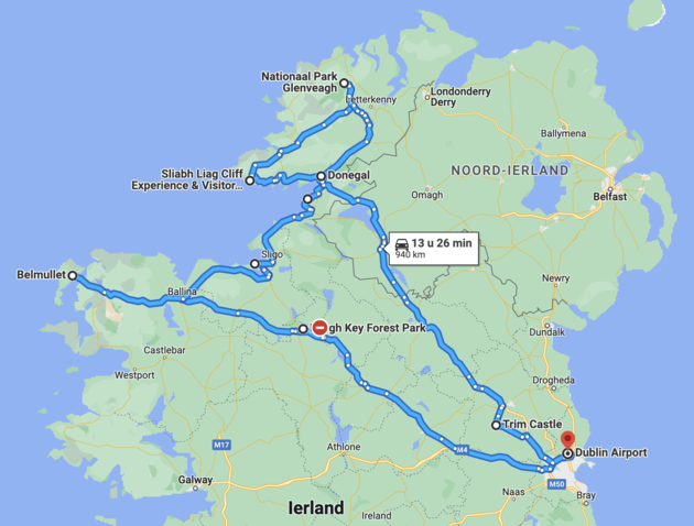 <em>De route van onze roadtrip door het noordwesten van Ierland. Begin en einde in Dublin.<\/em>
