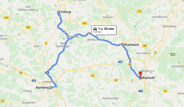 <em>De route van mijn trip door Franken: Bamberg, Coburg, Kulmbach en Bayreuth<\/em>