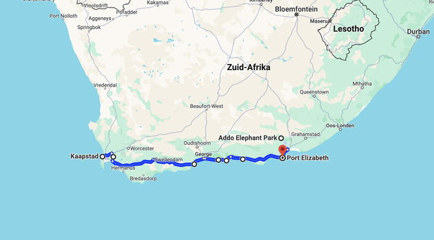 Een kaart van de globale route van Kaapstad naar Port Elisabeth in het zuiden van Zuid-Afrika