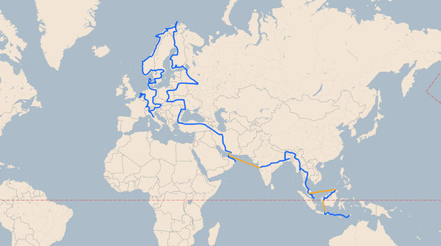 De route van Nederland naar Australi\u00eb