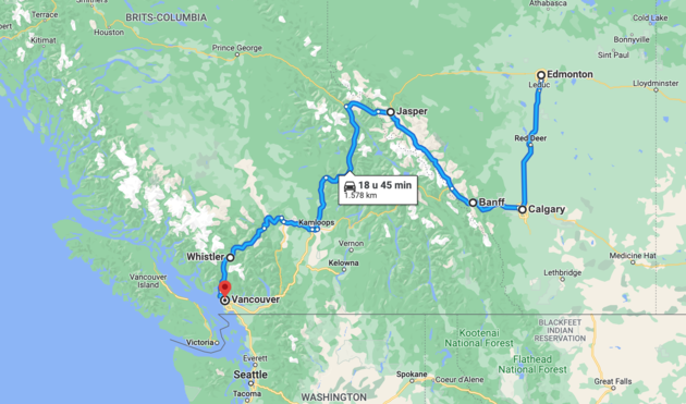 De ultieme route voor een roadtrip door Canada, een reis van ongeveer 1.600 kilometer