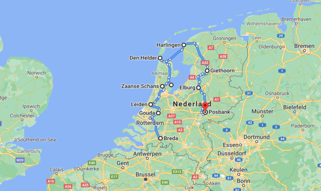 De route voor een roadtrip door Nederland