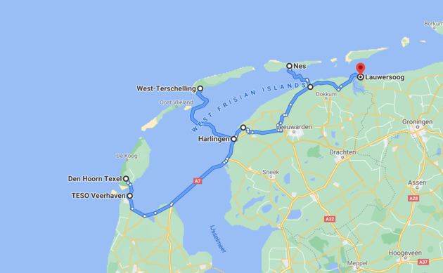 De globale route voor een roadtrip naar de Waddeneilanden