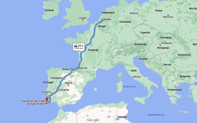 De route vanuit Nederland naar Zuid-Portugal. Uiteindelijk reden we ruim 2.700 kilometer.