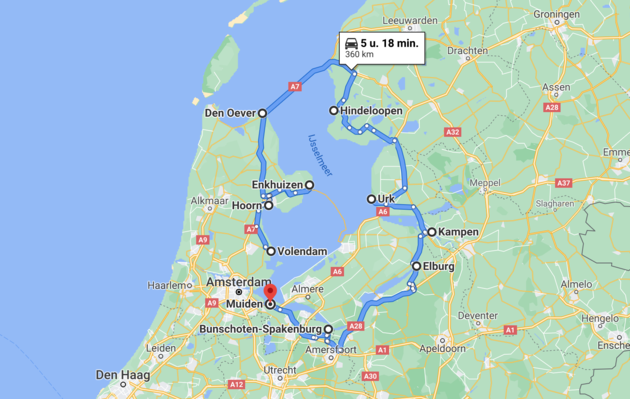 De route voor deze roadtrip Zuiderzee van 338 kilometer lang