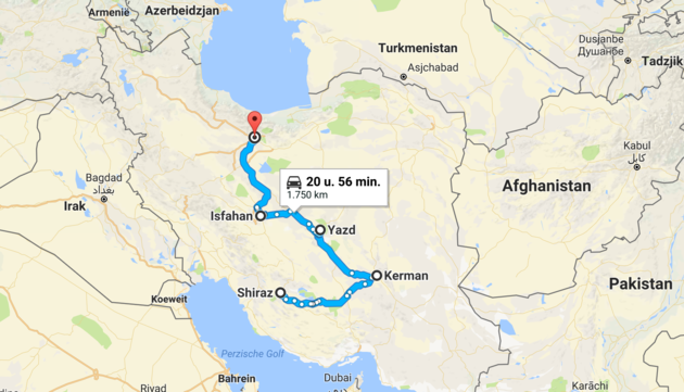 De route voor een rondreis door Iran