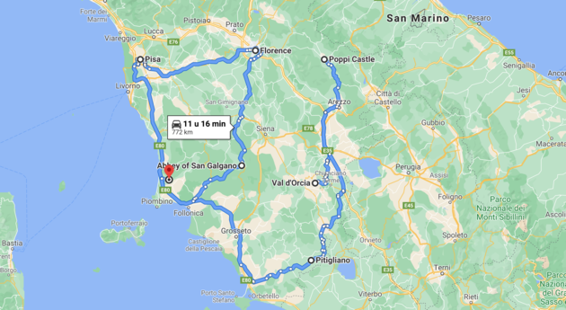 De route van de rondreis van Wie is de Mol door Toscane