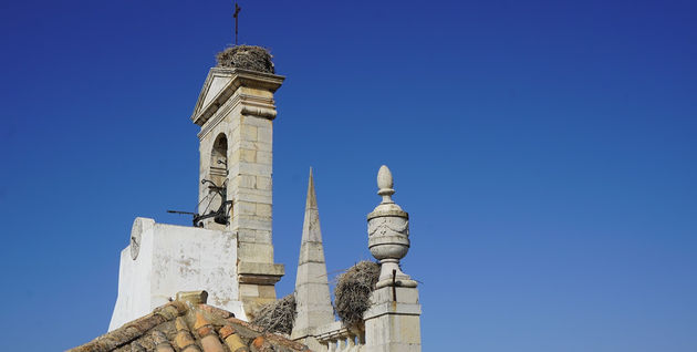 Ooievaarsnesten bovenop Se\u0301 de kathedraal van Faro en altijd die blauwe lucht