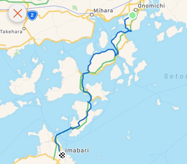 De route van het Shimanami Kaido Cycling Path: van Onomichi naar Imabari