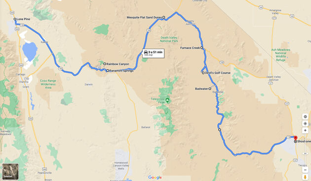 Onze route van deze roadtrip door Death Valley National Park